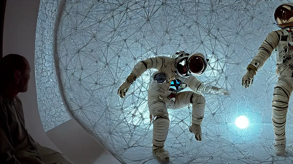 Image similar to a single astronaut eva suit made of diamond 3d fractal lace iridescent bubble 3d skin and covered with insectoid compound eye camera lenses floats through the living room, film still from the movie directed by Denis Villeneuve with art direction by Salvador Dalí, wide lens,