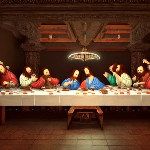 Image similar to the last supper in a mexican restaurant, sombrero, ponchos, in a baroque style, intricate detail, cinematic, 8 k, cel shaded, unreal engine, featured on artstation, pixiv