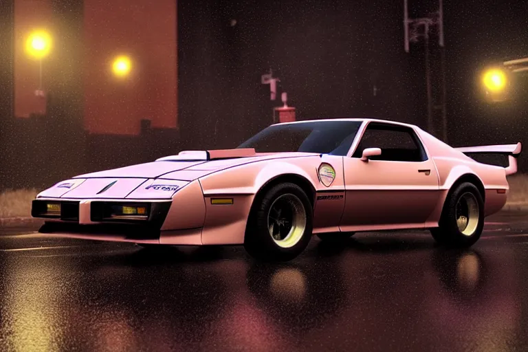 Image similar to hyperdetailed, photorealistic photograph of a 1 9 8 2 pontiac firebird trans - am drifting in the streets, rain, night, dense fog, hd, unreal engine 5 by greg rutowski, by stanley artgerm, by alphonse mucha