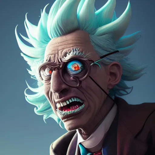 Image similar to apocalyptic rick sanchez portrait with twisted ribbed face by rutkowsky and charles vess and james jean and erik jones and rhads, baroque, 3 d octane render, beautiful fine face features, intricate high details, sharp, ultradetailed