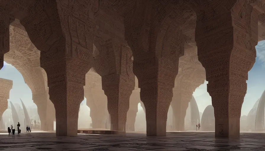 Prompt: the inside of a monument with arabian motifs, by tim blandin and arthur haas and bruce pennington and john schoenherr, big windows architecture by zaha hadid, octane render, cinematic, scenery, cgsociety, modernism, futuristic, trending on artstation, sci - fi, high detail, high quality, close up angle, people walking