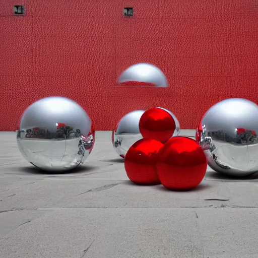 Prompt: chrome spheres on a red cube by ryo oshita