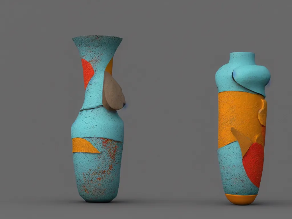 Image similar to a vase, thermoplastic - elastomer, abstract sculpture, retro - vintage, neo soul, mixed media with claymorphism, matte color palette, designed by artstationhq, retro, 3 - dimensional, gouache 3 d shading, tilt shift, low fi,