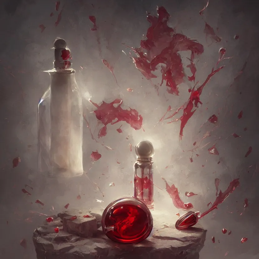 Image similar to a beautiful painting illustration of a health potion, scratched vial, crimson, by greg rutkowski, featured on artstation, rpg item