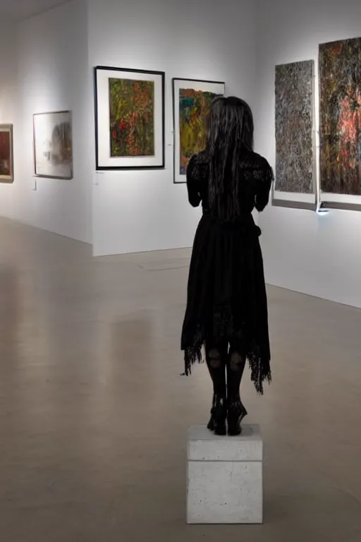 Image similar to emo woman standing on a small pedestal, as an exhibit in an art gallery, editorial photo