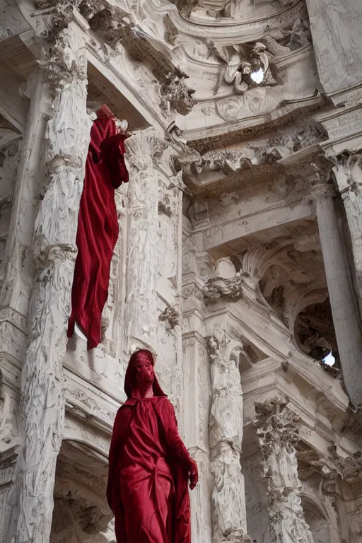 Image similar to a dramatic view of the sacrifice of the priest statue dressed with soft red silk fabric made in heavy marble, with few ornaments in shiny polished stone, sculpted by hedi xandt and antonio corradini