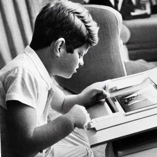 Prompt: 1 9 7 0 s vintage photograph of john f kennedy using an ipad, very detailed, very intricate,