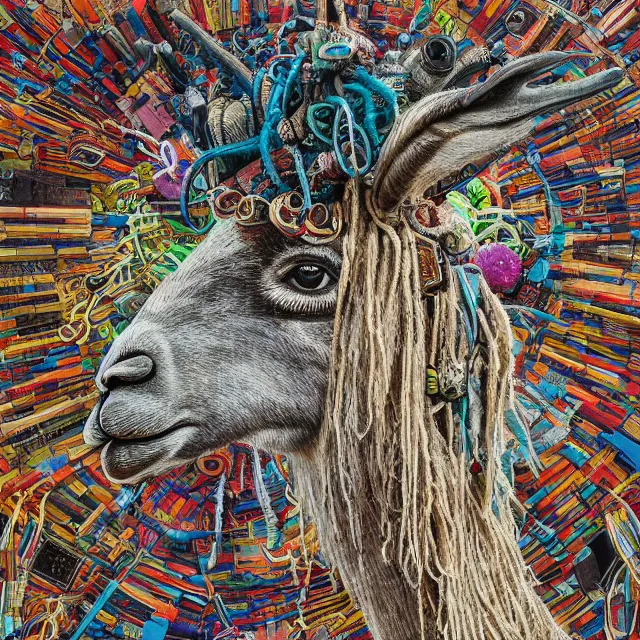 Image similar to llama with dreadlocks, industrial scifi, by mandy jurgens, ernst haeckel, el anatsui, james jean