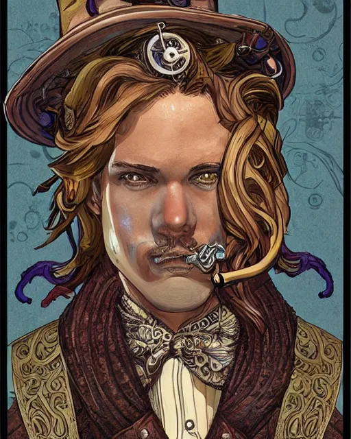 Image similar to a detailed portrait illustration of a steampunk songmage - bard. handsome male face, female body. art nouveau, pop art, comic book style. influenced by neil gaiman, h. p. lovecraft, dan mumford, brian froud, vadim voitekhovitch, killian eng, ross tran, ed emshwiller.