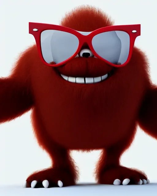 Image similar to 3 d render of completely red hairy friendly antropomorphic cartoony creature wearing white ray - ban shades, full body, simple, smiling, cute, white background, unreal engine 5 hdr