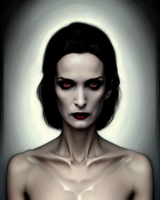 Prompt: gorgeous female Winona Ryder vampire sharp teeth in a confident dress, full body, realistic character concept, medium shot, elegant pose, horror, illustration, slender symmetrical face and body, symmetrical eyes, artstation, cinematic lighting, hyperdetailed, Tom Bagshaw, artgerm, Norman Rockwell, Charlie Bowater, single face, insanely detailed and intricate, beautiful, elegant, dark blue background