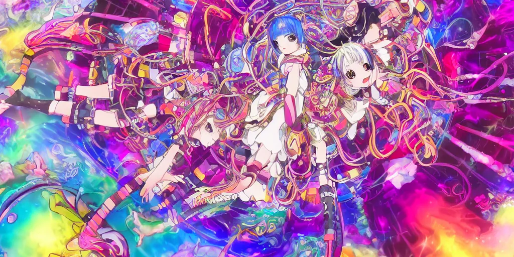 Image similar to Dreamy psychedelic anime, extremely colorful, geometric, Madoka Magica witch labyrinth, patchwork, photoshop, HDR, 4k, 8k, abstract, two anime girls standing within two raging colorful vortexes, detailed and cute faces on the anime girls, very cute and childlike, hugging, smiles and colors, floating feelings, stars as pupils, extremely detailed anime eyes, visible pupils