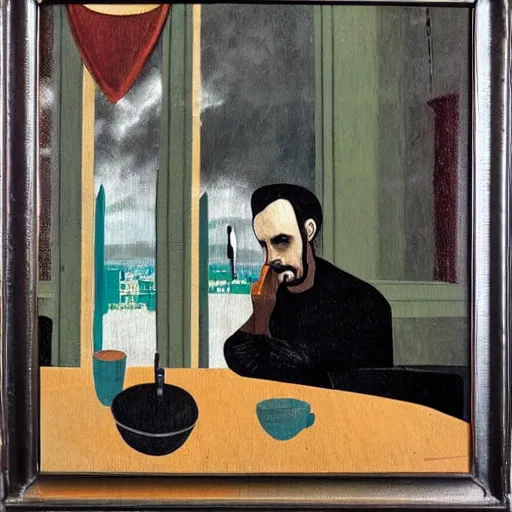 Prompt: gothic painting of a man sitting alone in a diner