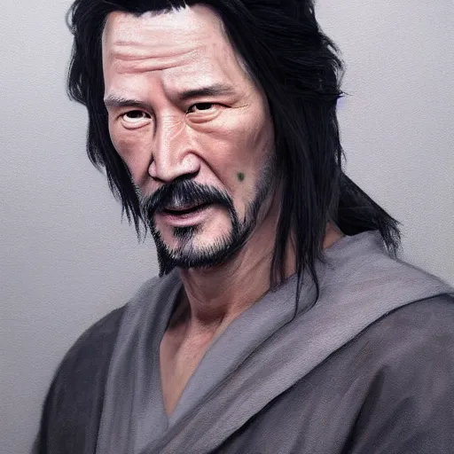 Image similar to portrait painting of a 6 0 year old kind handsome taoist priest ， looks like keanu reeves ， silver ponytail hair, amiable by yangjun chen, nadar, bright colors, octopath traveler, unreal engine 5 highly rendered, global illumination, radiant light, detailed and intricate environment