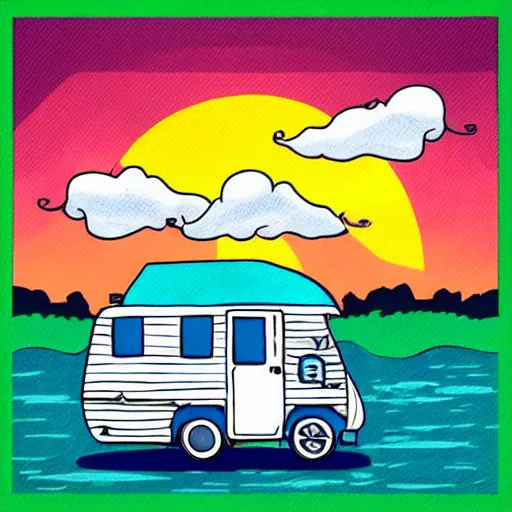 Image similar to beautiful cute cozy very little rv by the water, sunset, puffy cute clouds, cute simple cartoon, vector, white background, watercolor, 4 colors!!!