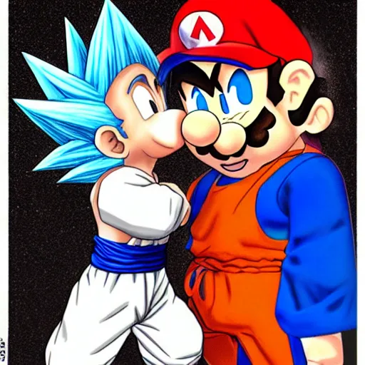 Image similar to realistic goku from dragonball z kissing a realistic mario.