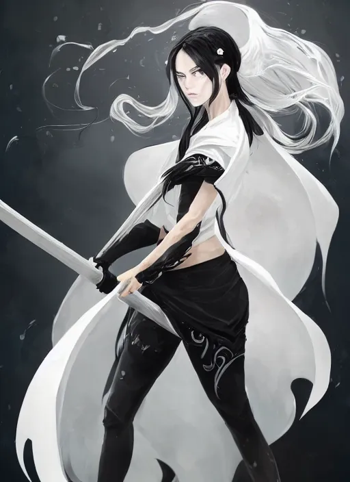 Image similar to a highly detailed illustration of fierce messy ponytail black haired one armed delinquent woman wearing long white tokkoufuku cape, dramatic wielding paper sword pose, intricate, elegant, highly detailed, centered, digital painting, artstation, concept art, smooth, sharp focus, league of legends concept art, wlop.