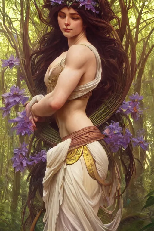 Image similar to goddess of nature, accurate anatomy, only two hands, highly detailed, digital painting, artstation, concept art, smooth, sharp focus, illustration, Unreal Engine 5, 8K, art by artgerm and greg rutkowski and alphonse mucha and pro fitness photograph