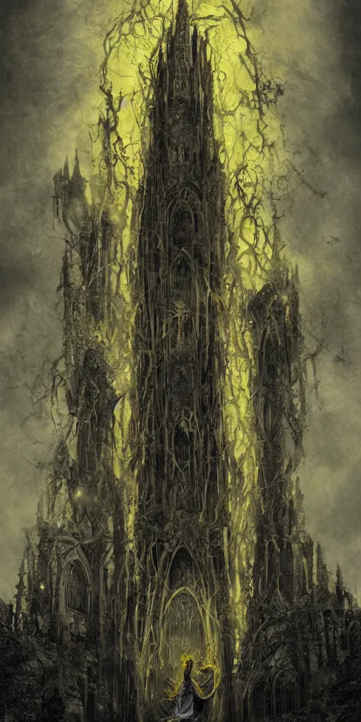 Image similar to a tall towering huge pale human wearing a yellow garment sitting upon an ornate stone throne, 4K, digital art, lovecraftian, lovecraft art, artstation, horror, dramatic, wearing a long yellow rotting garment, dark, hyperrealistic, dramatic perspective, complex (((dark))) cathedral background, dark background, highlights,