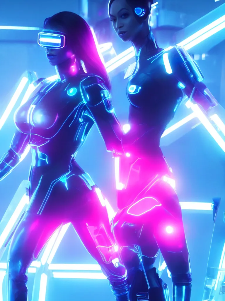 Prompt: cinematic, portrait photography, a beautiful beyonce android, perfect body, blue chrome armor, neon holographic ui data displays, pink space gun, hajime sorayama, masamune shirow, tron, octane rendered, 4 k, lens flare,