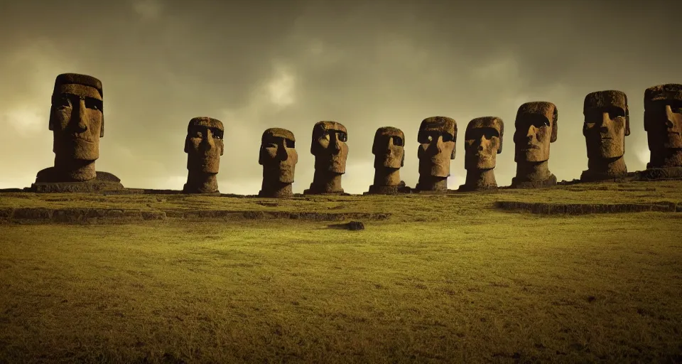 Image similar to Ancient easter island ruins, moai heads, center composition, cinematic, rendered by simon stålenhag, rendered by Beeple, Makoto Shinkai, syd meade, environment concept, digital art, starwars, unreal engine, 3 point perspective, WLOP, trending on artstation, low level, 4K UHD image, octane render,