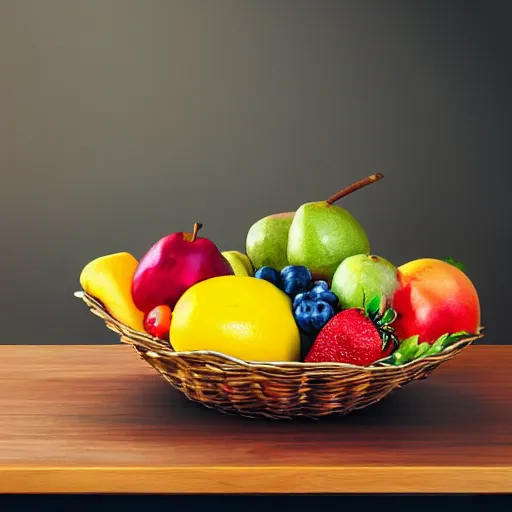 Prompt: a fruit basket on top of a kitchen table, lightning