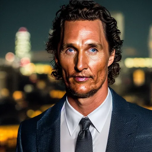 Image similar to a still of matthew mcconaughey . Shallow depth of field. City at night in background, lights, colors ,studio lighting, mood, 4K. Profession photography