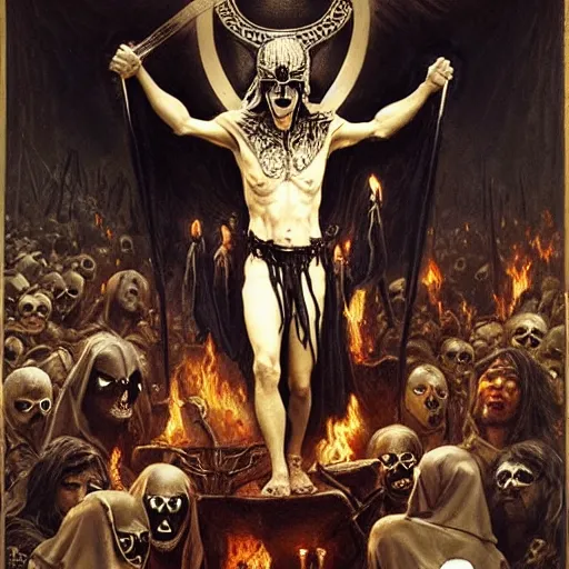 Image similar to dante's inferno, with people in black hooded tunic like in the film eyes wide shut of stanley kubrick, illuminati symbol, crows, skeletons, crosses, dark beauty, rotten gold, perfect faces, extremely detailed. highly detailed painting by gaston bussiere and j. c. leyendecker 8 k