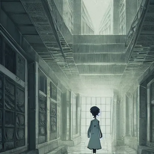 Image similar to a creepy woman walking through a bright white staircase with many doors and hallways, mc escher architecture, very detailed background, epic composition, anime key visual, anime style, by makoto shinkai