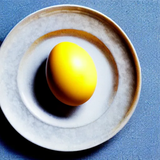 Prompt: a photograph of an egg, sitting on top a table, there is a table cloth with an ornate pattern. minimalistic,