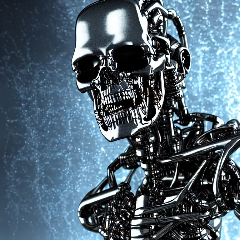Image similar to terminator endoskeleton with water behind it movie still, chrome, shiny, reflective, metallic, 3 d render, realistic, hdr, stan winston studios, dramatic lighting, water colors bright,