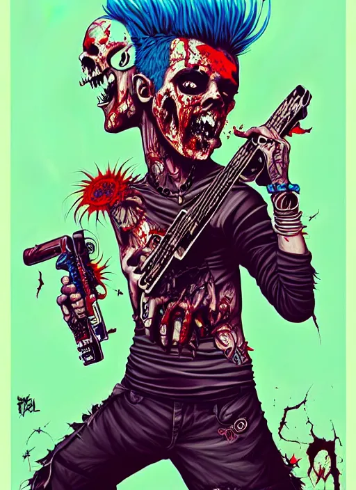 Prompt: a zombie punk rocker with a mohawk playing electric guitar, matty vogel, tristan eaton, victo ngai, artgerm, rhads, ross draws