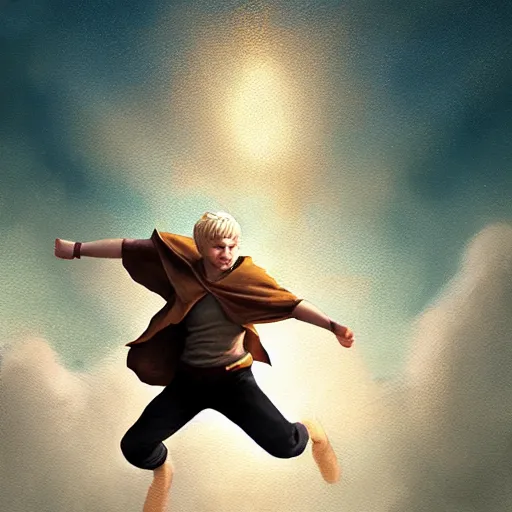 Image similar to blonde boy wearing a brown cape and flying in t pose, powerful, space background, oil painting, brush strokes, greg rutkowski