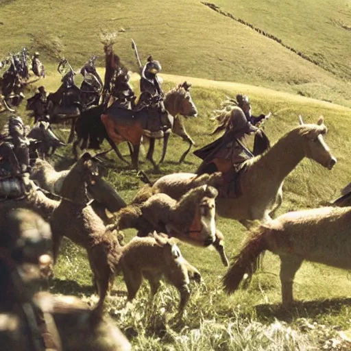 Image similar to still from lord of the rings showing the ride of the rohirrim, riding toward minas tirith on alpacas