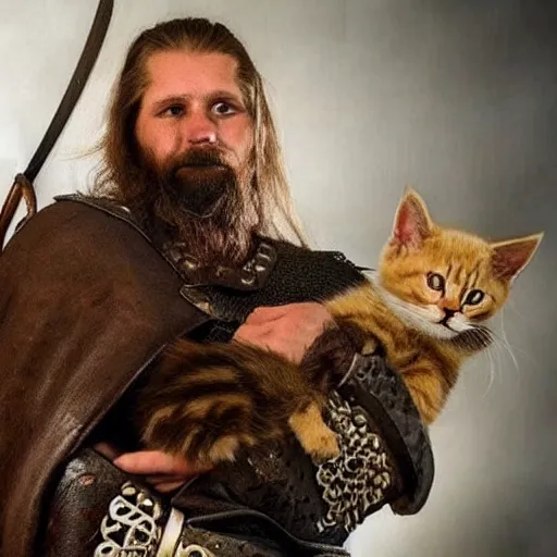 Prompt: A very badass viking saddly holding a cute kitten