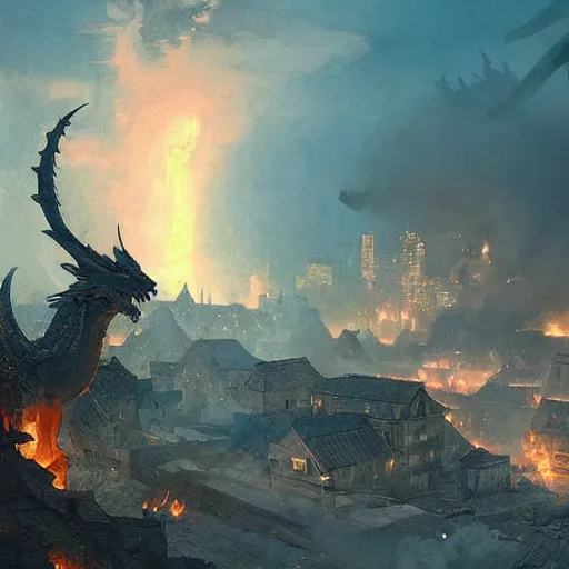 Prompt: Dragon spits fire on a man, burning village in background, plumes of smoke in background, at night, greg rutkowski, highly-detailed