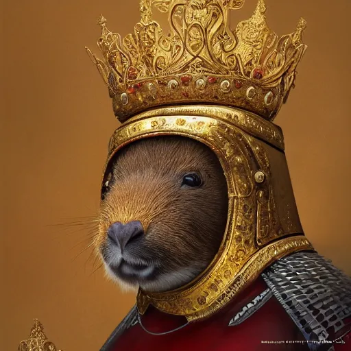 Prompt: detailed photorealistic painting of a capybara wearing a highly detailed ornamented gold crown with diamonds, in a medieval knight armor with red cape , holding a chess piece, sharp focus in the style of ruan jia, Mandy jurgens, cinematic light, concept art, trending on artstation, ultra realistic