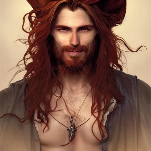 Image similar to portrait of a young ruggedly handsome but joyful pirate, male, masculine, upper body, red crimson hair, long long flowing hair, fantasy, proud smirk, intricate, elegant, highly detailed, digital painting, artstation, concept art, matte, sharp focus, illustration, art by artgerm and greg rutkowski and alphonse mucha