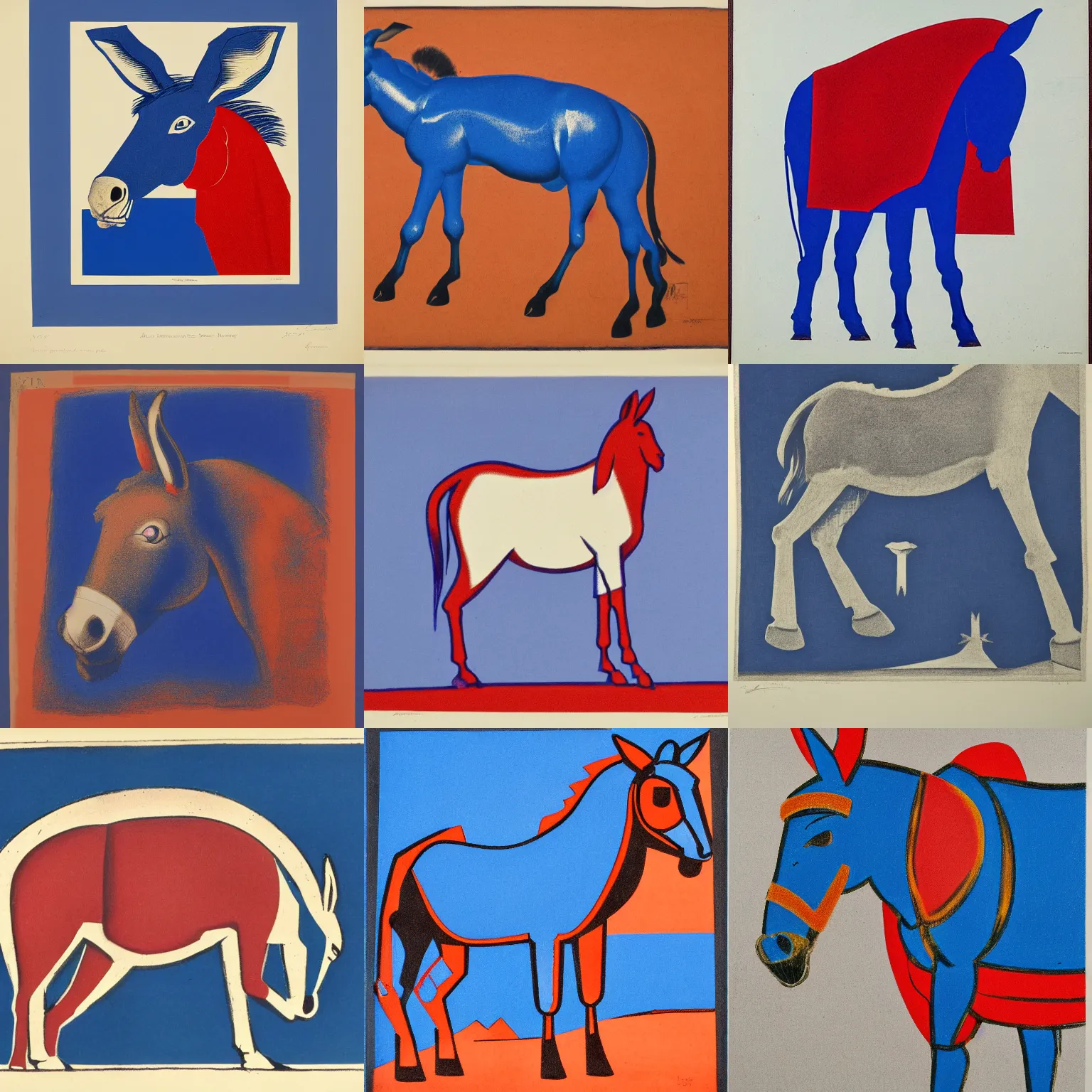 Prompt: lithograph of side view of donkey, full body, iconic, stylized, ultramarine blue and red iron oxide