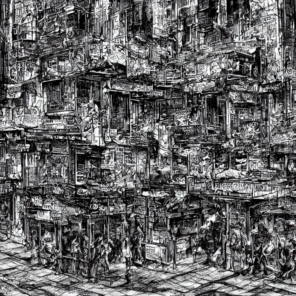 Prompt: A stunning extreme close-up illustration of a sparse city sidewalk with a bar on the corner, mechanical vehicle traffic, service robots, prostitutes and broken cyborgs on the sidewalk, dark night atmosphere, in the art style of Jack Kirby, highly detailed, 8k, sparse dark ghetto atmosphere of street crime, perfect digital art, dark futurism, highly hyperdetailed and microdetailed, perfect buildings and infrastructure, futuristic, cybernetic, blue and violet color scheme with sparse background lights, sci-fi, Marvel Comics 1972, New Gods, dim lights, sharp focus, high technical detail