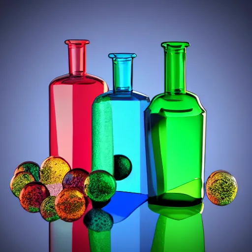 Prompt: small bottles made of colored glass in the sunlight hyperrealistic detailed beautiful intricate 3 d render