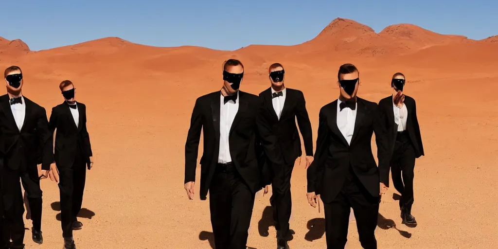 Prompt: faceless men in black stepping out of a magical portal in the desert