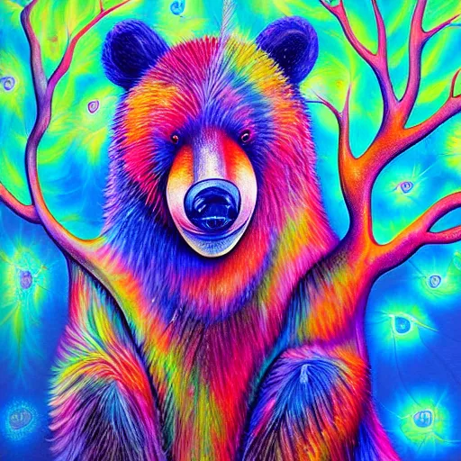 Image similar to a painting of a bear in a tree, an airbrush painting by lisa frank, trending on deviantart, psychedelic art, detailed painting, airbrush art, acrylic art