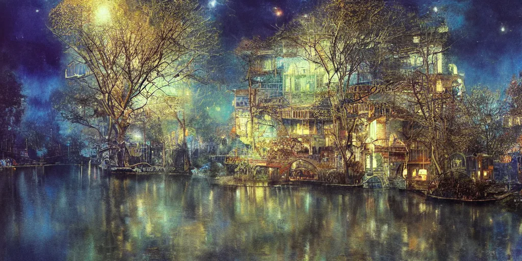 Image similar to a mystic river, the river is full of lights, mysticism, artwork, watercolor, cinematic, exposure, slit - scan photography, 4 k, ultra - hd, incandescent, ray tracing reflections, insanely detailed and intricate, elegant, ornate, hyper realistic, super detailed by dorothea tanning, by bruce pennington