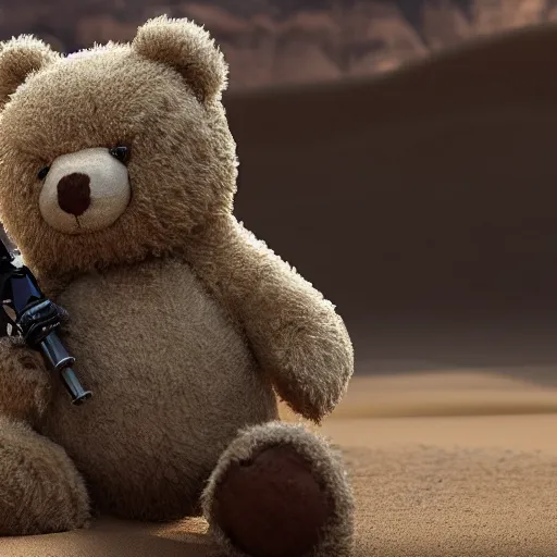 Prompt: cinematic shot of a teddy bear hip - firing a minigun in the desert, 8 k, depth of field, very intricate, very detailed,