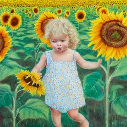 Image similar to a babe 3 years old slowly walking through amazing tall sunflower field, her blond curly hair flowing down, subtle, intricate details, real masterpiece, oil on canvas, by somsak anong