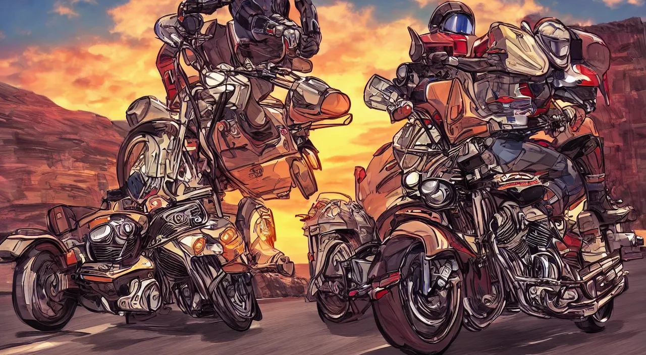 Prompt: motorcycles parked outside gas station south west sunset beautiful artstation 4 k breathtaking concept art illustration cartoon by jack kirby