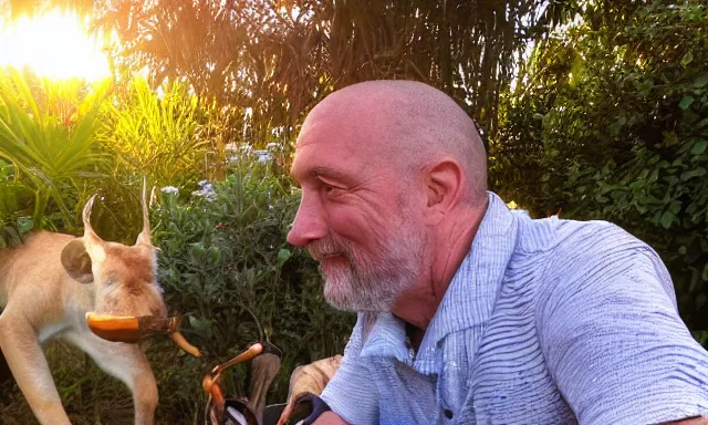 Image similar to My dad just took a hit from the bongo and have good time being gracefully relaxed in the garden, sunset lighting