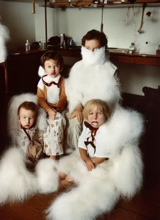 Prompt: realistic photo portrait of the family, white carnival fluffy mask, wearing fluffy cotton cloaks, sitting in the spacious wooden polished and fancy expensive wooden laboratory interior room 1 9 9 0, life magazine reportage photo