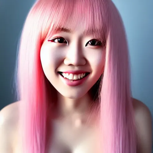 Image similar to beautiful hyperrealism selfie of nikki from shining nikki, a cute 3 d young woman smiling sofly, long light pink hair and full bangs, flushed face, small heart - shaped face, amber eyes, chinese heritage, golden hour, 8 k, instagram